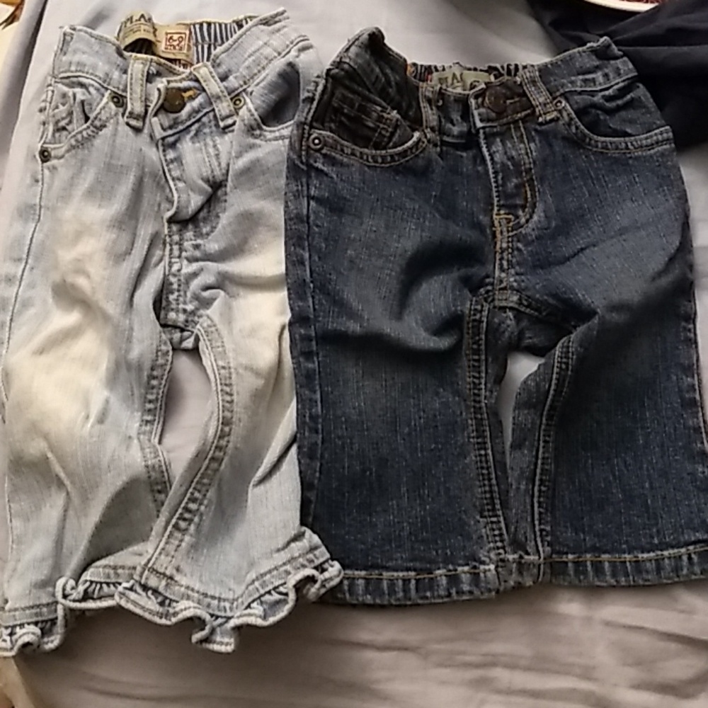 Light blue and medium blue colored jeans